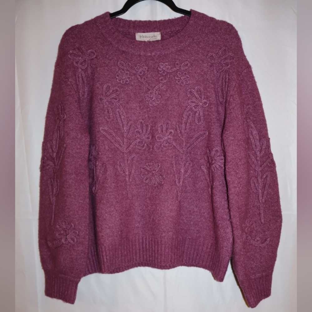 Philosophy Wool Blend Mellow Mauve Sweater With Embroidered Flowers. NWT.